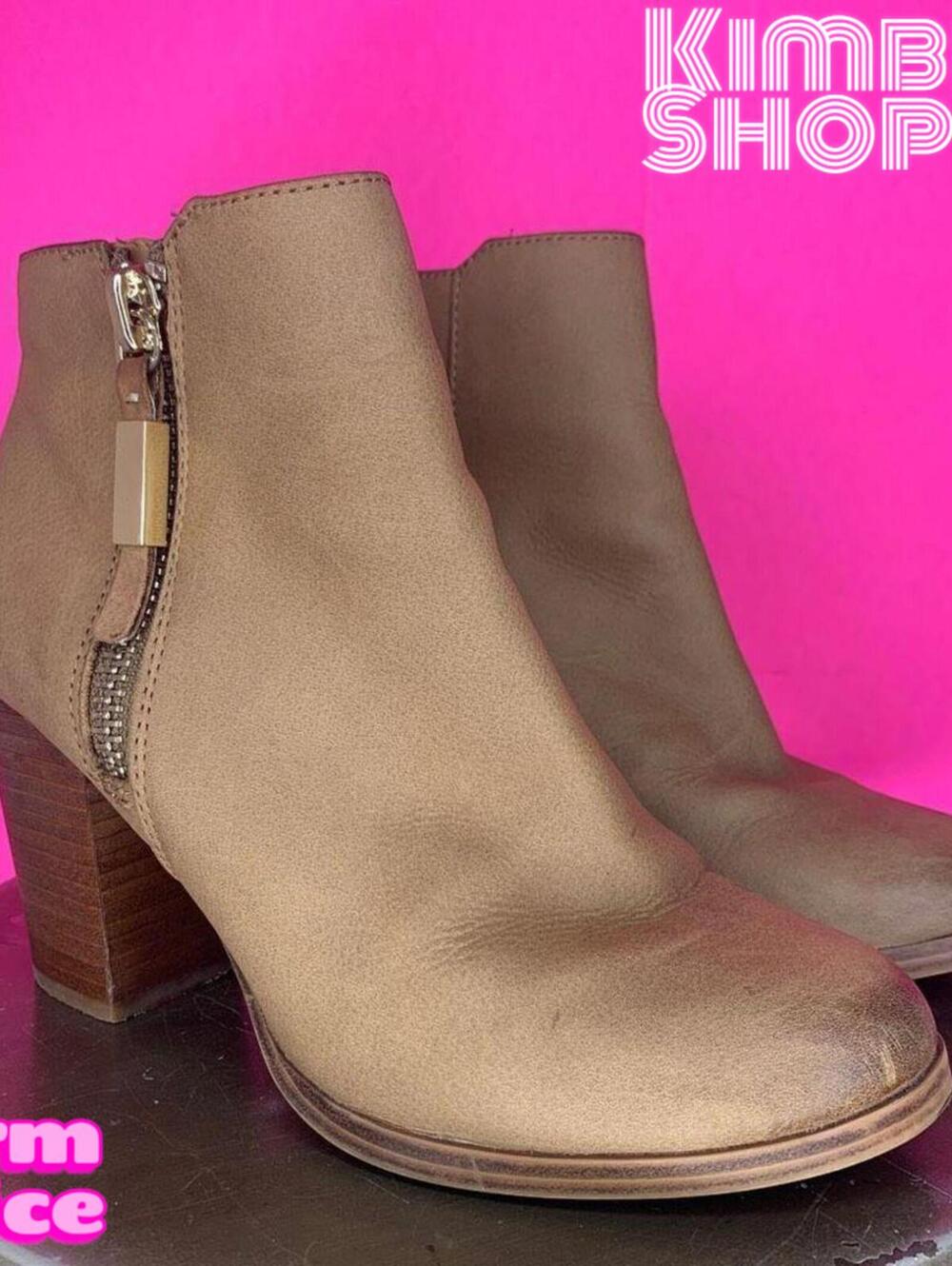 Aldo Tan Leather Round Toe Block Heel Gold Zipper Ankle Boots US 7 EU 37.5